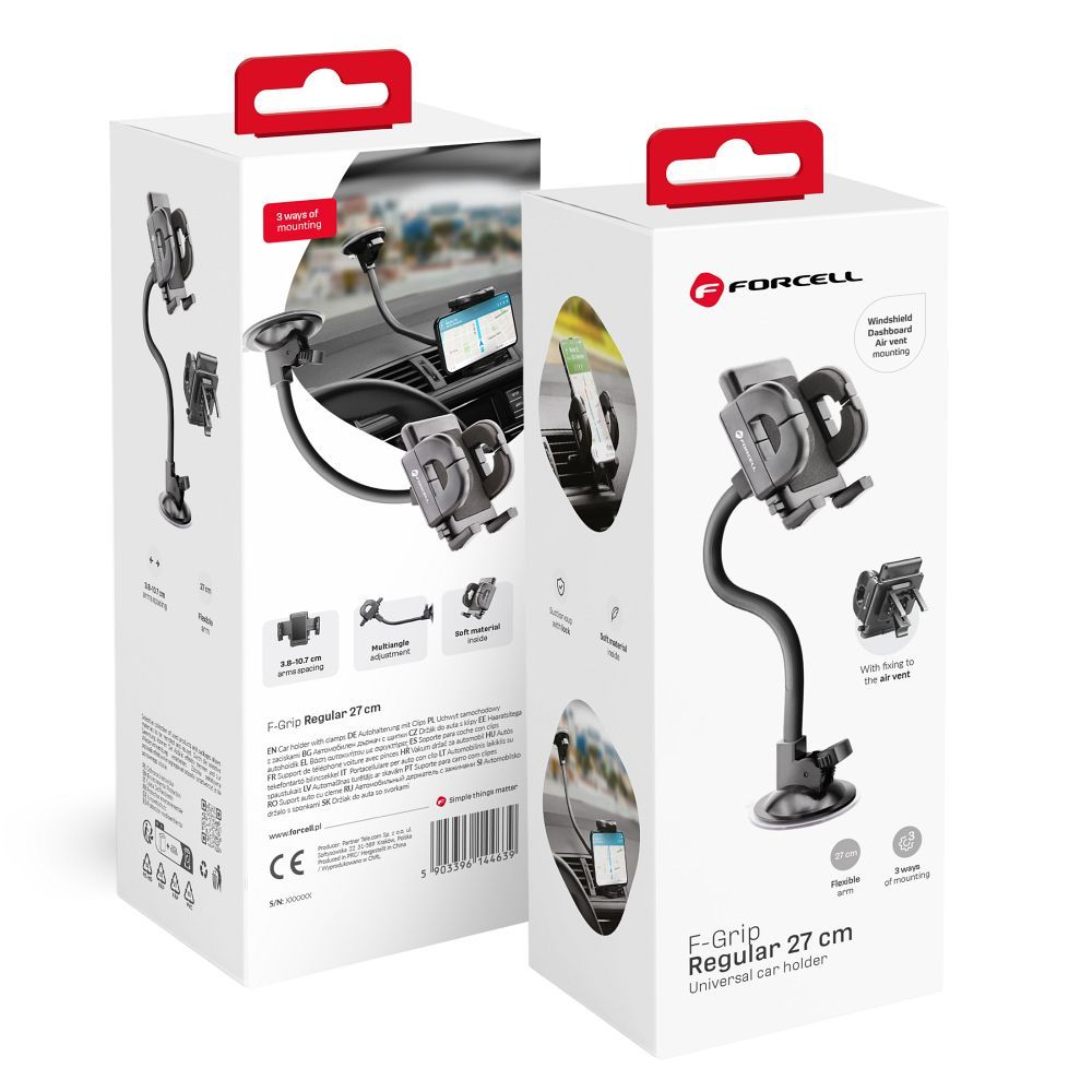 Forcell F-Grip Regular – Suport auto universal pentru telefon, 27 cm, prindere pe parbriz, bord sau grilă, negru [7]