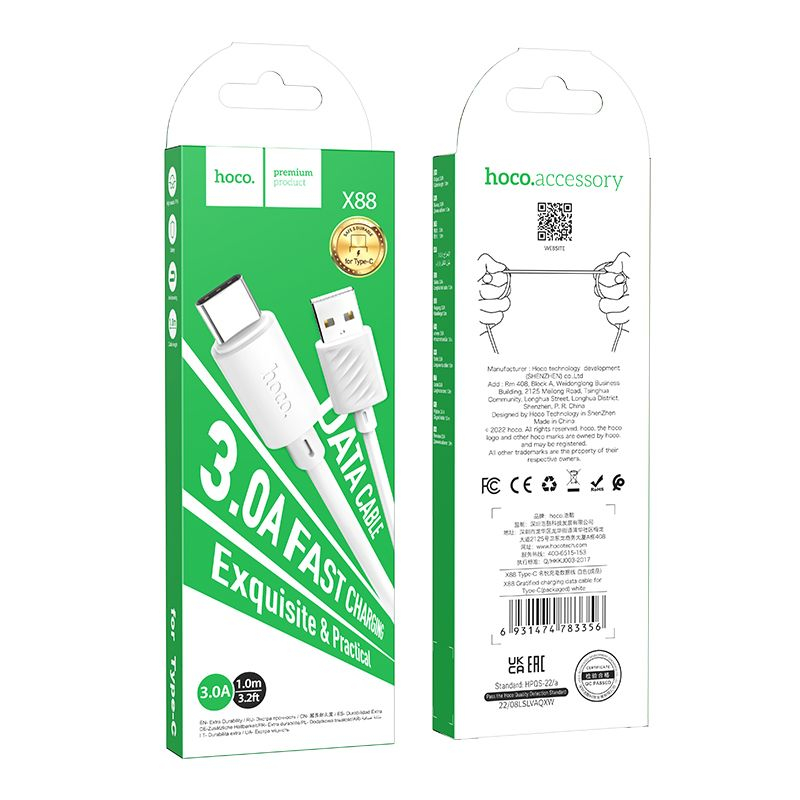 Hoco Cablu USB-A la Type-C X88, 3A, 1m, Alb [4]