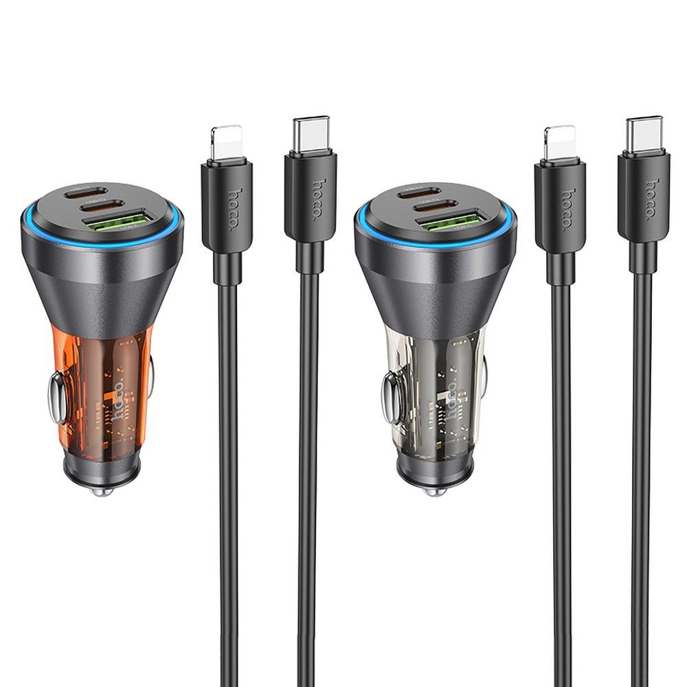 Încărcător auto Hoco NZ12D, USB-A + 2 x Type-C, Cablu Type-C la Lightning, PD QC3.0 60W, Portocaliu Transparent [2]