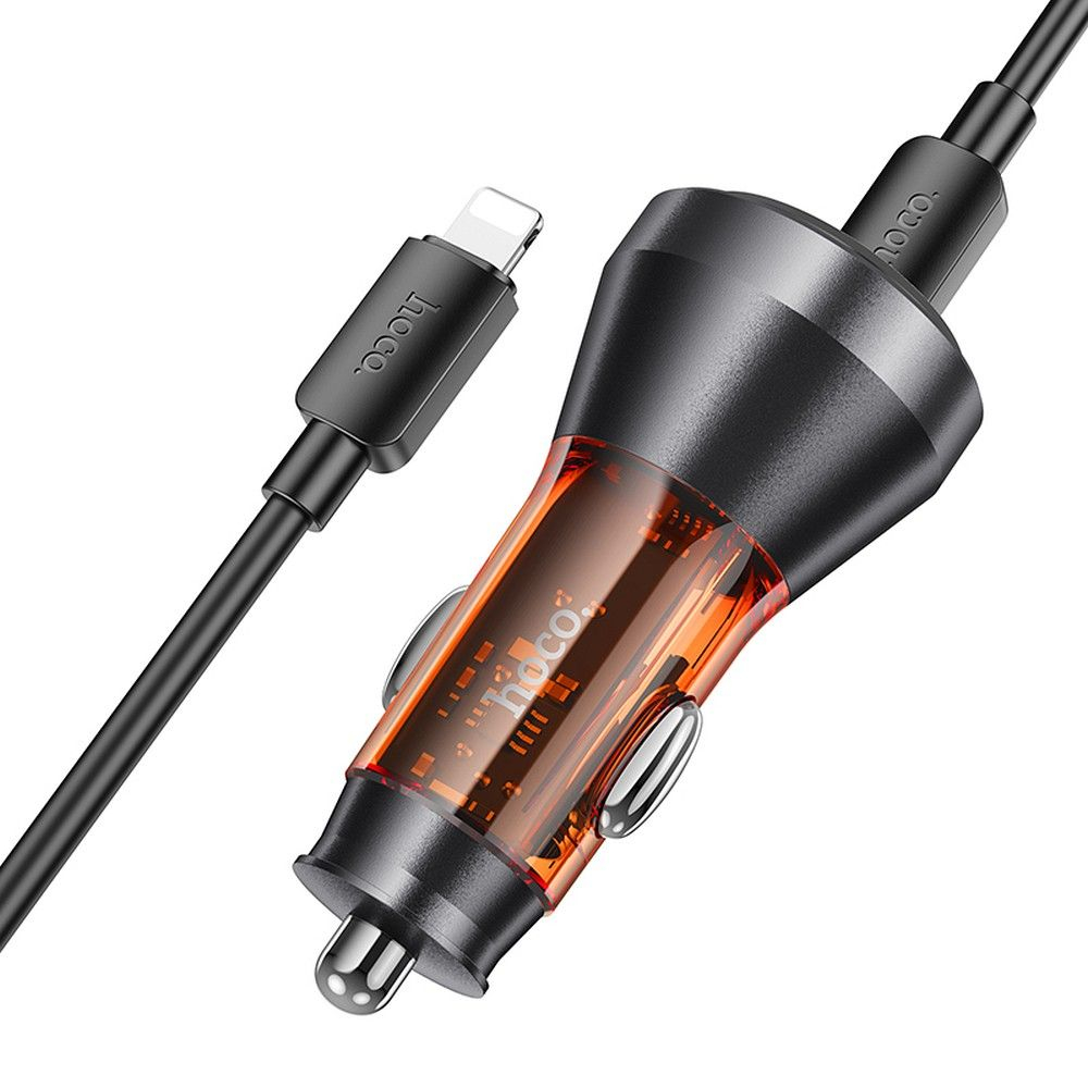Încărcător auto Hoco NZ12D, USB-A + 2 x Type-C, Cablu Type-C la Lightning, PD QC3.0 60W, Portocaliu Transparent [1]