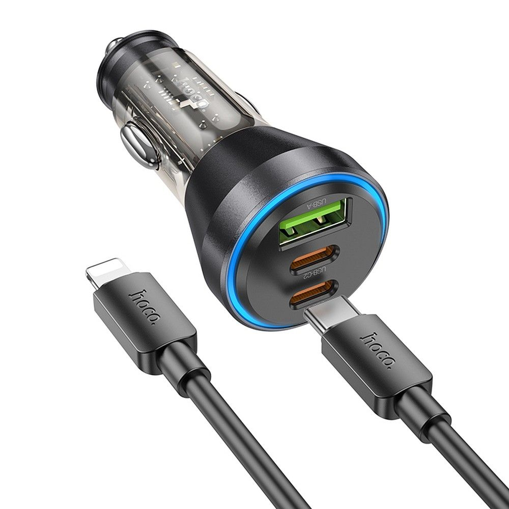 Încărcător auto HOCO USB A + 2 x Tip C + cablu Tip C la Lightning PD QC3.0 3A 60W - Transparent Negru [2]