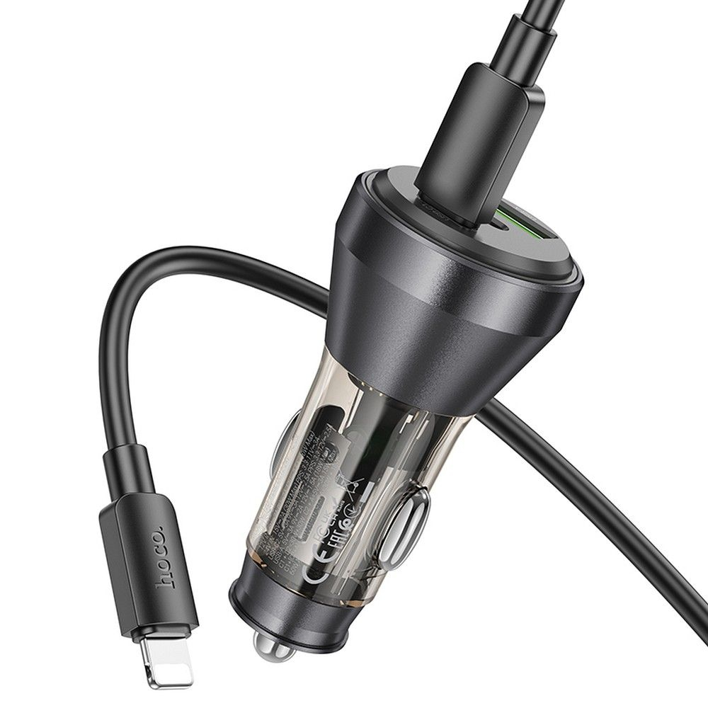 Încărcător auto HOCO USB A + 2 x Tip C + cablu Tip C la Lightning PD QC3.0 3A 60W - Transparent Negru [3]