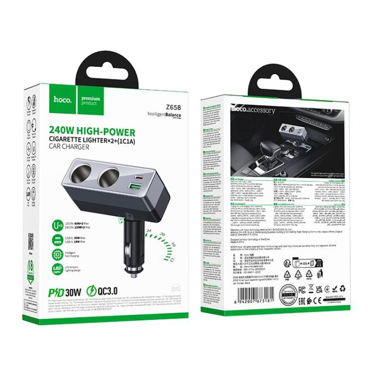 Incarcator Auto HOCO Z65B 240W cu 2 Prize Bricheta, USB-C PD 30W si USB-A QC 18W, Negru [3]
