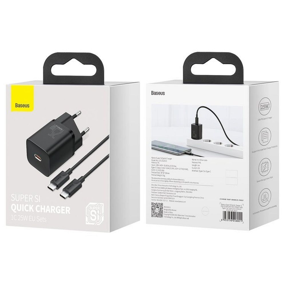 Încărcător Baseus Type-C + Cablu Type-C la Type-C, PD QC3.0, 3A, 25W, TZCCSUP-L01, Negru [1]
