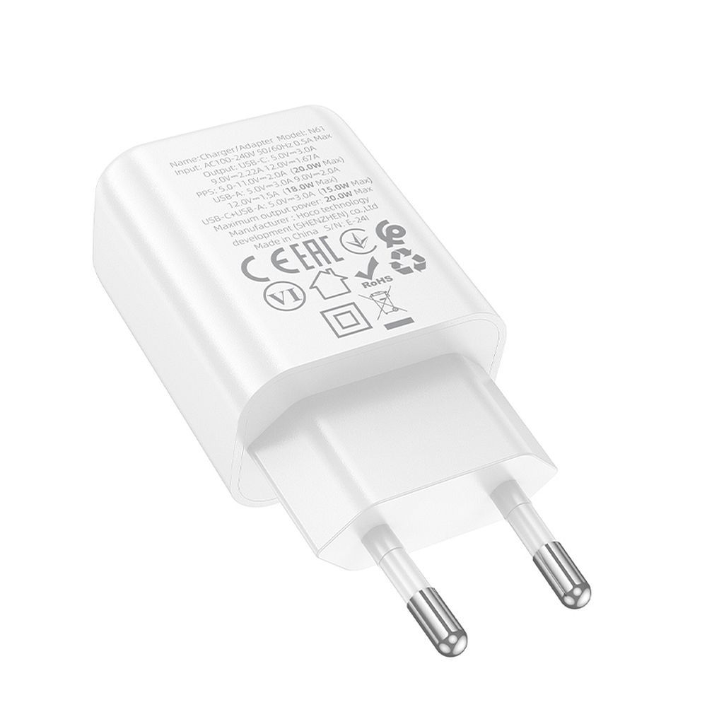 Încărcător de priză Hoco N61 – USB-C (20 W PD) + USB-A (18 W QC 3.0), Alb [2]