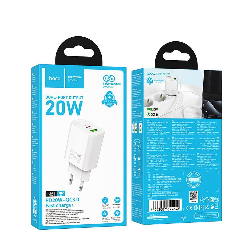 Încărcător de priză Hoco N61 – USB-C (20 W PD) + USB-A (18 W QC 3.0), Alb [4]