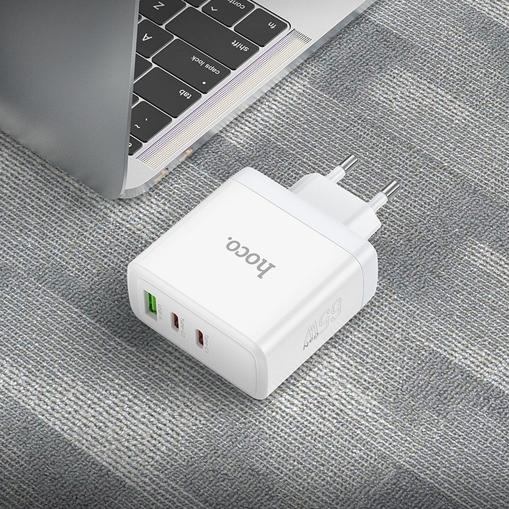 Încărcător Hoco N30, 2 x Type-C + USB-A, QC PD, 65W, Alb [3]