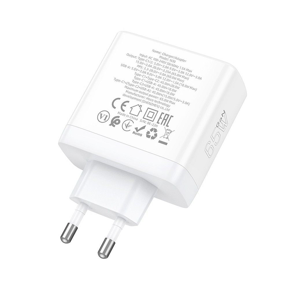 Încărcător Hoco N30, 2 x Type-C + USB-A, QC PD, 65W, Alb [4]