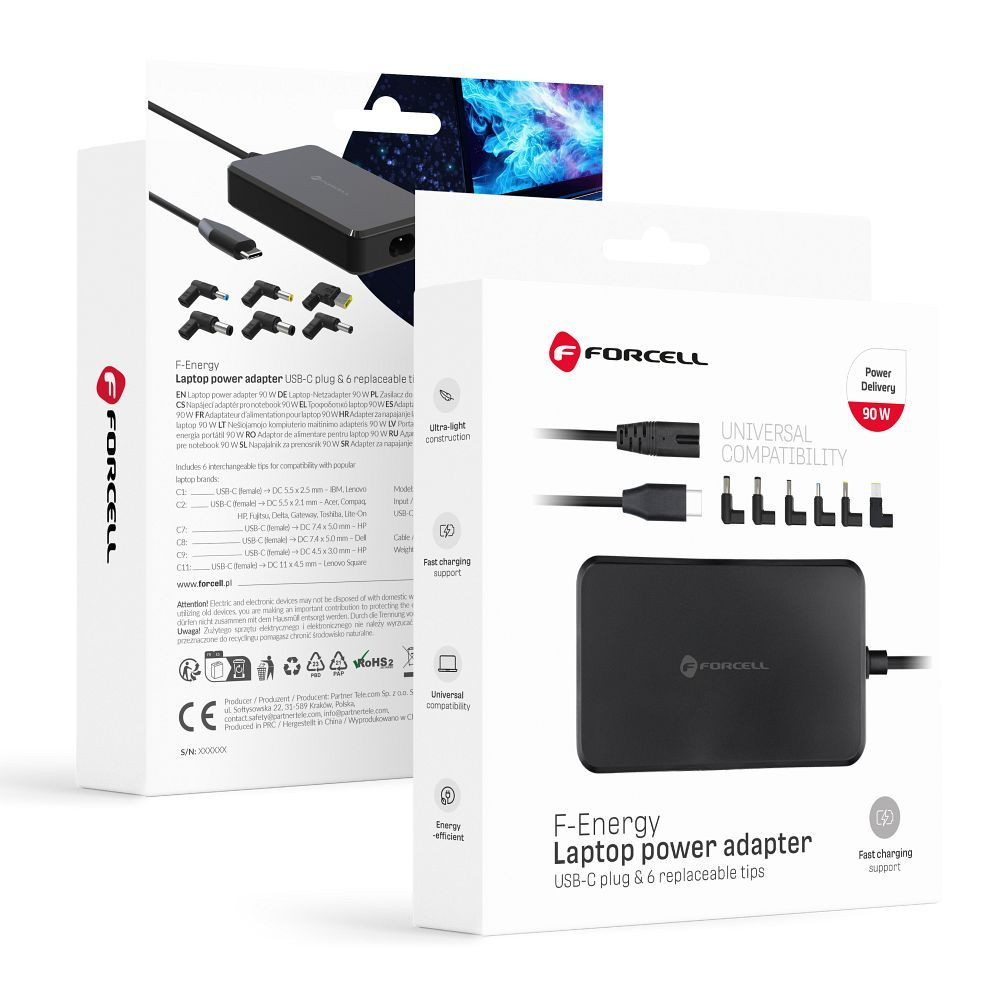 Încărcător universal laptop 90W Forcell F-Energy E856, 6 conectori, Negru [1]