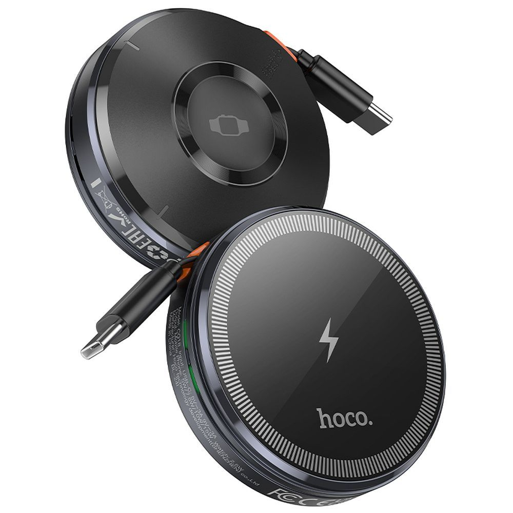 Încărcător Wireless Hoco CQ18 cu Cablu Retractabil, Compatibil MagSafe și Apple Watch, 15W, Gri Metalic [1]