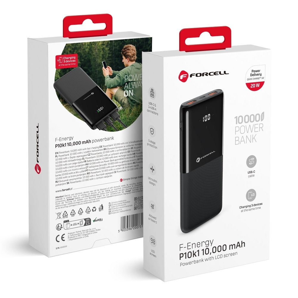 Power Bank Forcell F-Energy P10K1 10.000 mAh, 20W PD + QC 3.0, Negru – Încărcare Rapidă și Fiabilă [5]