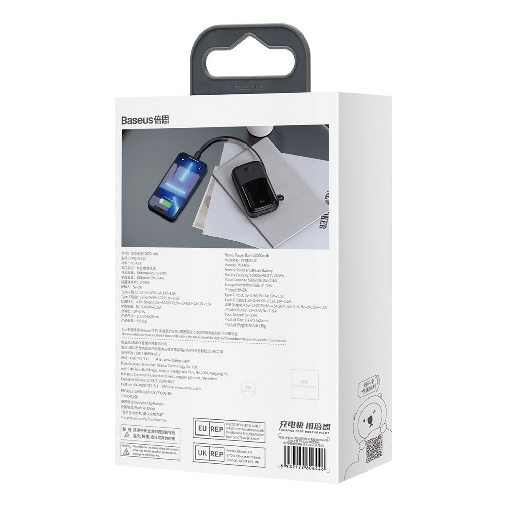Powerbank Baseus 10,000 mAh cu Cablu Integrat Lightning + Cablu USB-A la Type-C, PD QC3.0, 3A, 20W, PPQD020001, Negru [7]