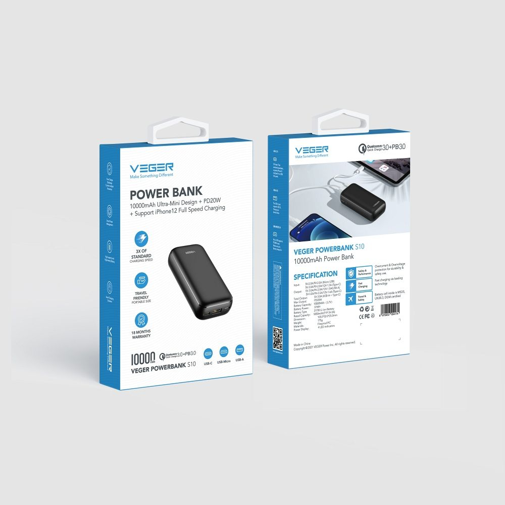 Powerbank Veger 10,000 mAh, PD QC3.0, 3A, 20W, S10, Negru [4]
