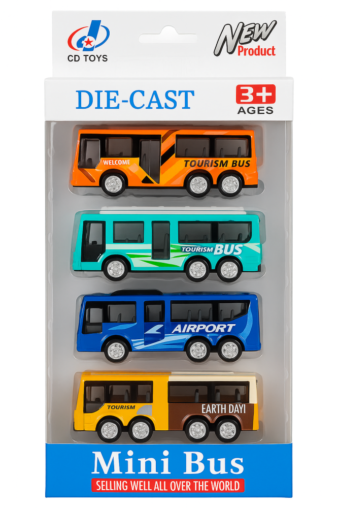Set 4 minibuze metalice DIE-CAST – modele diverse, pentru copii 3+ [1]