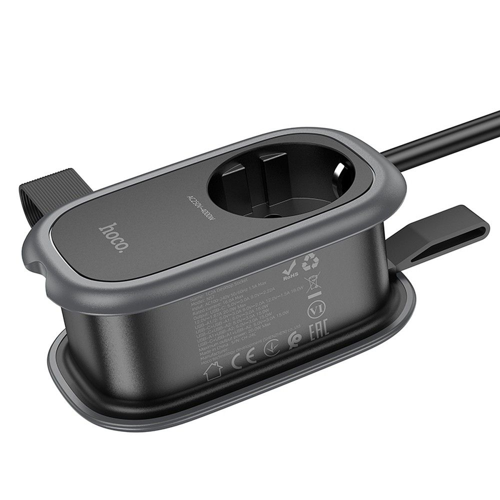 Prelungitor Multifuncțional Hoco, 1 Priză + 2 x USB-A + Type-C, 4000W, PD QC 3A 20W [6]