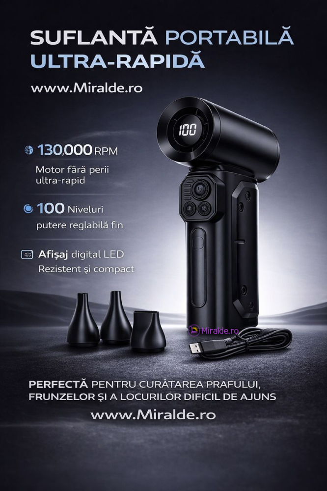 Suflantă de Aer Portabilă Hoco HX68 Turbo, 130.000 RPM, Motor Brushless, 100 Trepte, cu LED și 3 Duze [3]