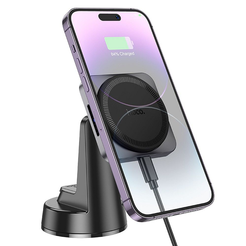 Suport Auto Hoco cu Încărcare Wireless pentru Consolă Centrală, Compatibil MagSafe, 15W, HW16, Negru/Metal Gri [3]
