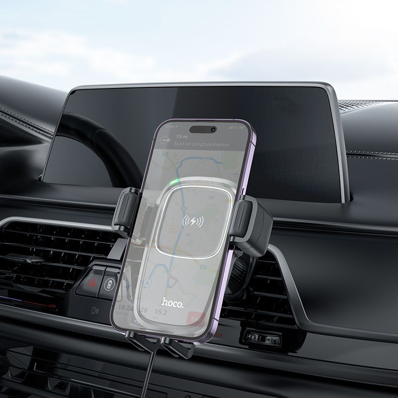Suport Auto Hoco cu Încărcare Wireless pentru Grilaj Aerisire 15W HW01, Negru [3]