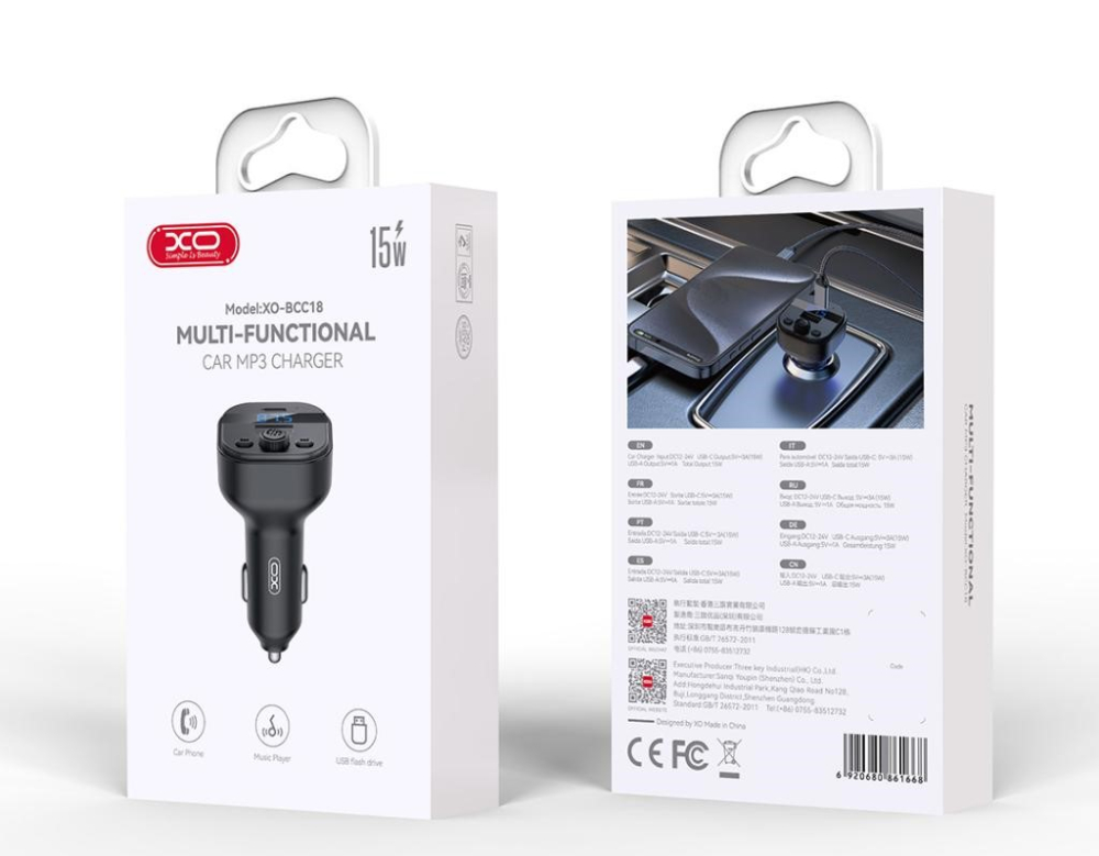 Transmițător FM Bluetooth XO BCC18 15W USB-A + USB-C – MP3 Player Auto și Încărcător [2]