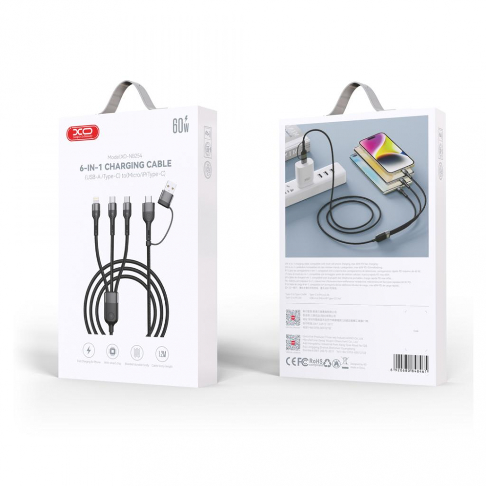 XO cablu 6 în 1 USB-A + USB-C la Lightning, Type-C și Micro USB, 1.2m, 60W, 3A (model NB254) [5]