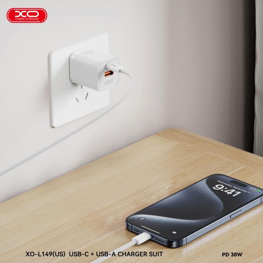 XO încărcător rețea 30W USB-C + USB-A + cablu USB-C la USB-C, alb (model L149) [3]