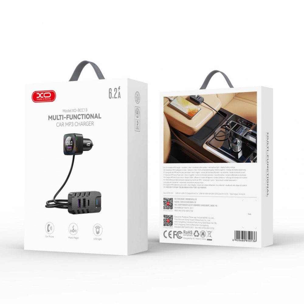 XO MP3 Wireless FM Transmitter 15.5W, 5 porturi USB-A + USB-C, negru (model BCC13) [3]