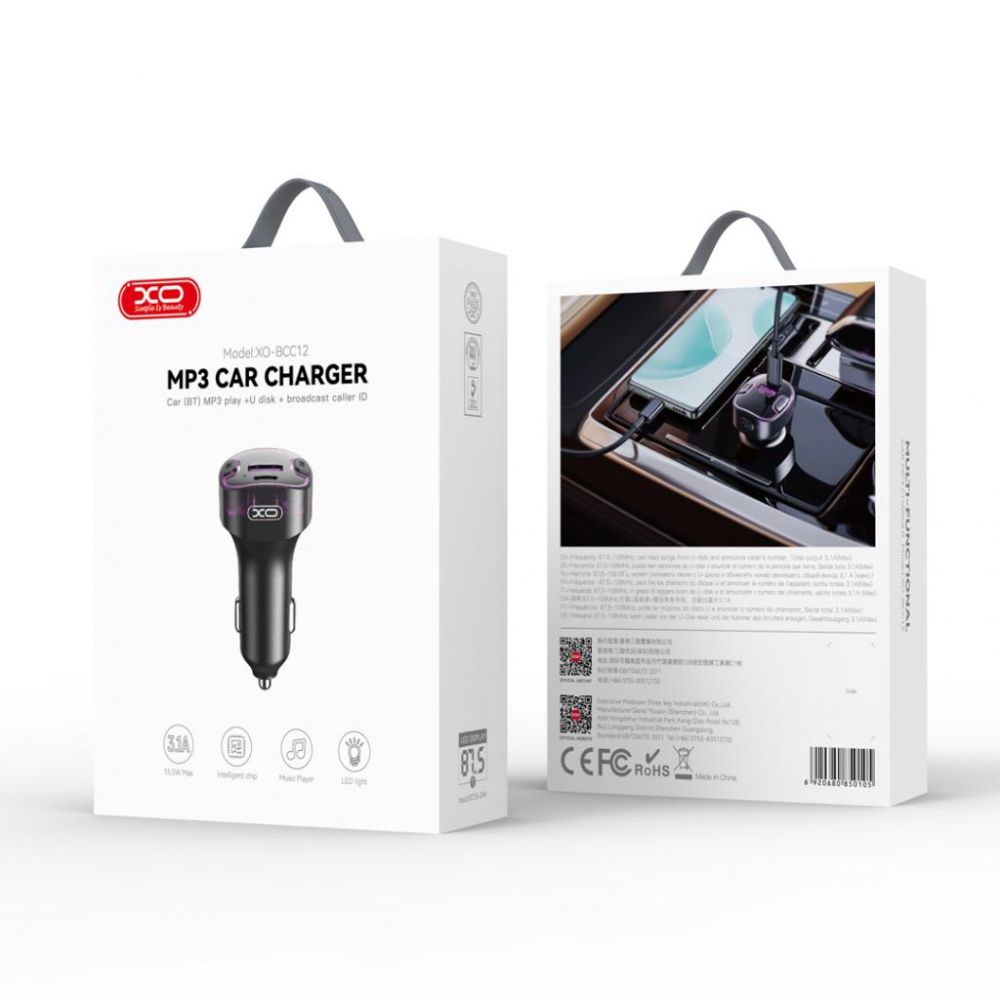 XO MP3 Wireless FM Transmitter 15.5W QC, USB-A + USB-C, lumină ambientală mov, negru (model BCC12) [3]