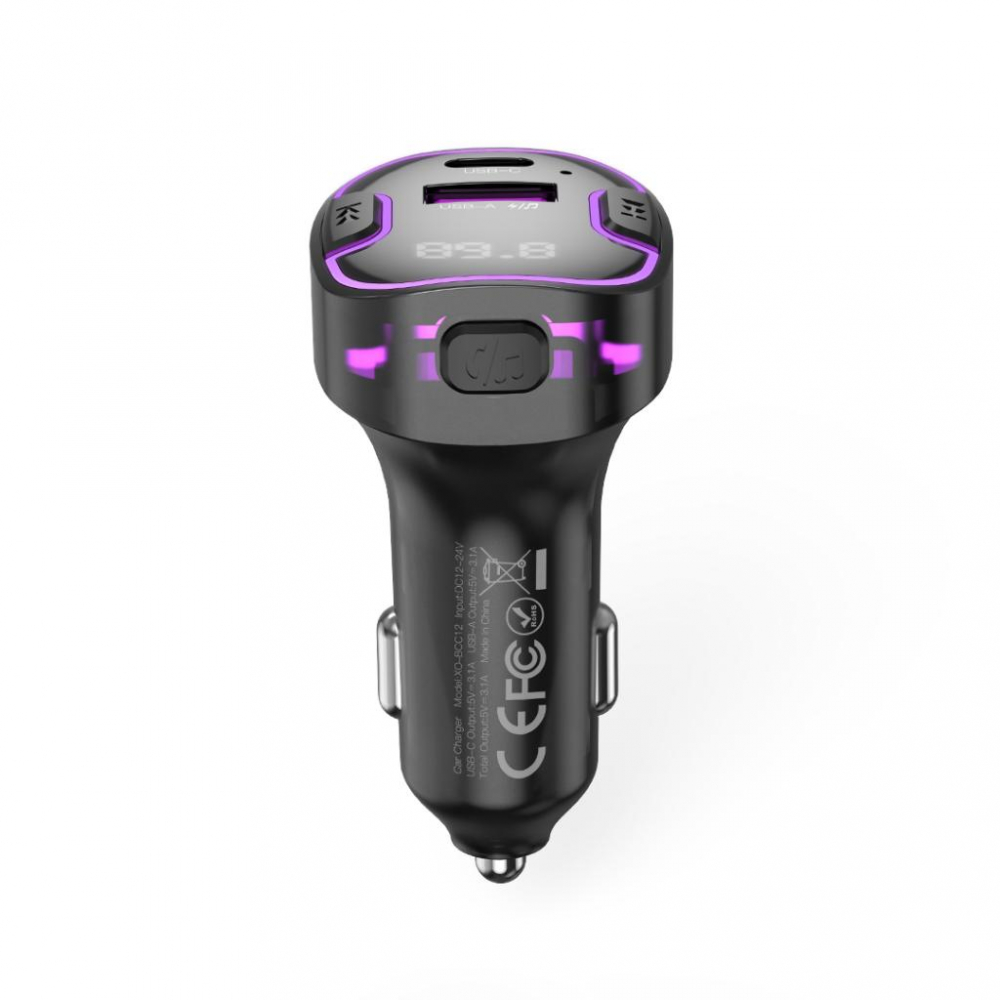 XO MP3 Wireless FM Transmitter 15.5W QC, USB-A + USB-C, lumină ambientală mov, negru (model BCC12) [2]