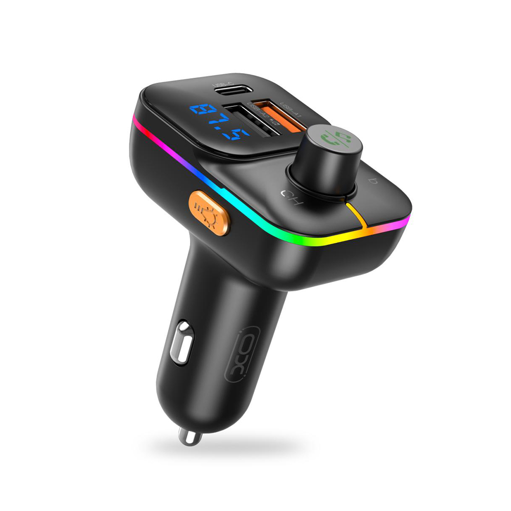 XO MP3 Wireless FM Transmitter 25W QC, USB-A + USB-C + slot TF Card, lumină ambientală, negru (model BCC09) [1]