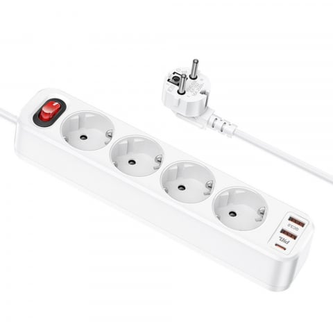 Accesorii GSM & IT - Priză HOCO Prelungitor 4 Biți + 2 x USB A + Tip C PD QC 3A 20W NS1 Alb - Putere și Versatilitate