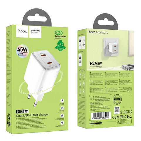 Încărcător Hoco N42, 2 x Type-C, PD QC, 45W, GaN, Alb [3]