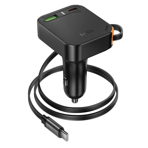 Încărcător Auto HOCO NZ18, 65W, QC/PD, Cablu Retractabil, 2×USB-C + USB-A, Black [2]