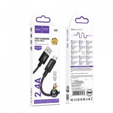 Cablu USB-A la Micro-USB Hoco X89 – 2.4A, 2m, Negru [5]