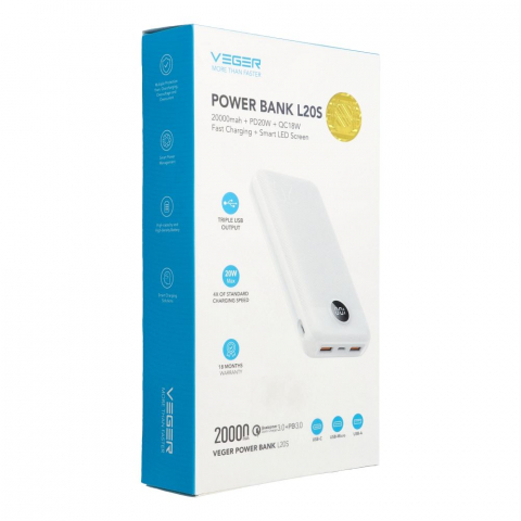 Powerbank Veger L20S, 20000mAh, PD QC3.0, 2A, 20W, Alb [4]