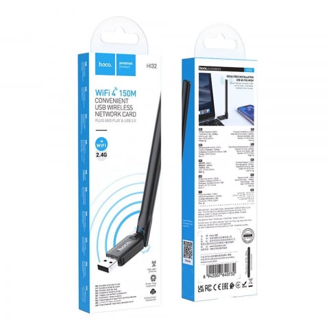 Adaptor WiFi USB Hoco Hi32 cu antenă externă, Wireless N 150Mbps, Negru [6]