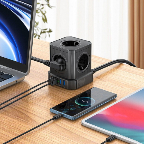 Prelungitor Multifuncțional Hoco, 5 Prize + 3 x USB-A + Type-C, 4000W, PD QC 3A - [1]