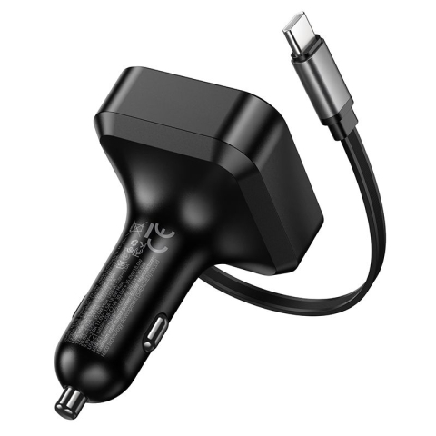Încărcător Auto HOCO NZ18, 65W, QC/PD, Cablu Retractabil, 2×USB-C + USB-A, Black [1]