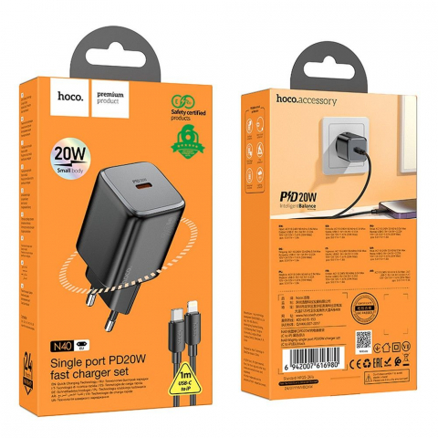 Încărcător Hoco N40 Type-C, 20W, QC/PD, cu Cablu Type-C la Lightning, Negru [3]
