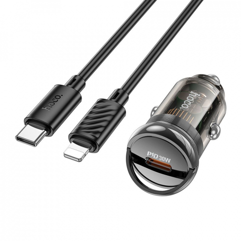Incarcatoare - Încărcător auto Hoco Z53, Type-C PD QC3.0 30W + Cablu Type-C la Lightning, Negru