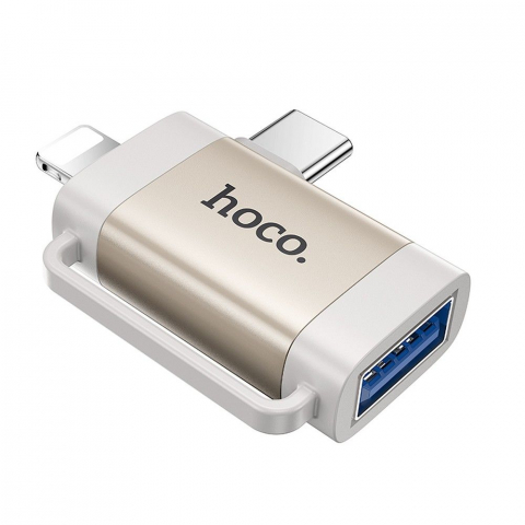 Adaptor OTG Hoco 2 în 1 Type-C și Lightning la USB-A, UA31F, Gri [3]