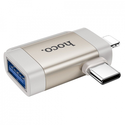 Adaptor OTG Hoco 2 în 1 Type-C și Lightning la USB-A, UA31F, Gri [0]