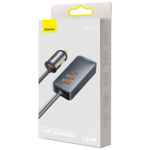 Baseus Share Together PPS multi-port încărcător auto 120 W (3x USB-A + USB-C), cablu extensibil 1,5 m, gri [3]