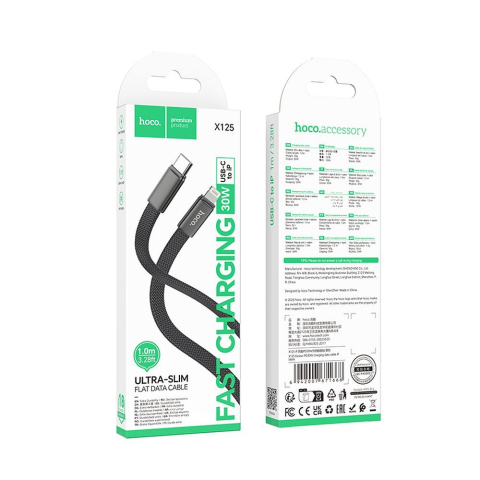 Cablu Hoco X125 USB-C la Lightning PD 30W 1m Flat Negru – Fast Charge iPhone [3]