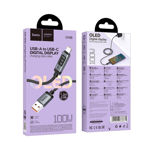 Cablu USB-A la USB-C HOCO U148 PD 100W cu Afisaj Digital, 1.2m, Negru [5]