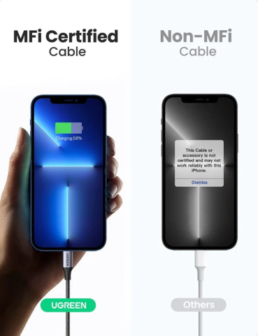 Cablu USB-C la Lightning UGREEN US304 1m, 3A, Fast Charge PD, MFi, Nylon Impletit, Negru [2]