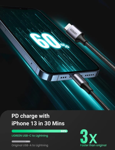 Cablu USB-C la Lightning UGREEN US304 1m, 3A, Fast Charge PD, MFi, Nylon Impletit, Negru [1]