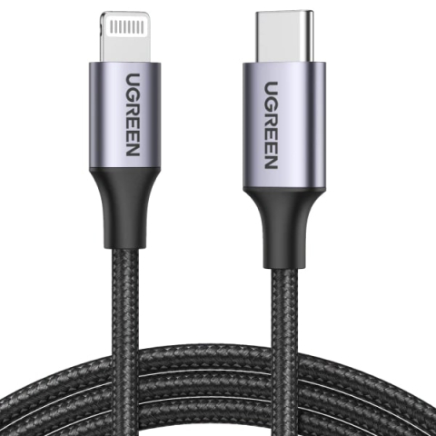 Cabluri - Cablu USB-C la Lightning UGREEN US304 1m, 3A, Fast Charge PD, MFi, Nylon Impletit, Negru