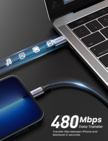 Cablu USB-C la Lightning UGREEN US304 1m, 3A, Fast Charge PD, MFi, Nylon Impletit, Negru [4]