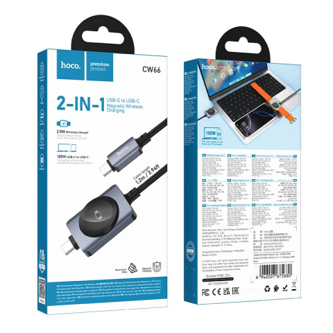 Cablu USB-C la USB-C HOCO CW66 PD 100W cu Incarcare Magnetica pentru Apple Watch, 1.2m, Negru [5]