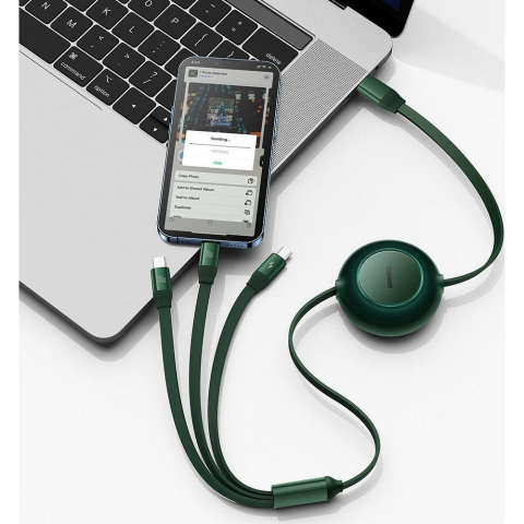 Cabluri - Cablul Baseus 3-în-1 Type-C la Micro USB/Lightning/Type-C PD QC4.0 3.5A 100W 1.1m Verde